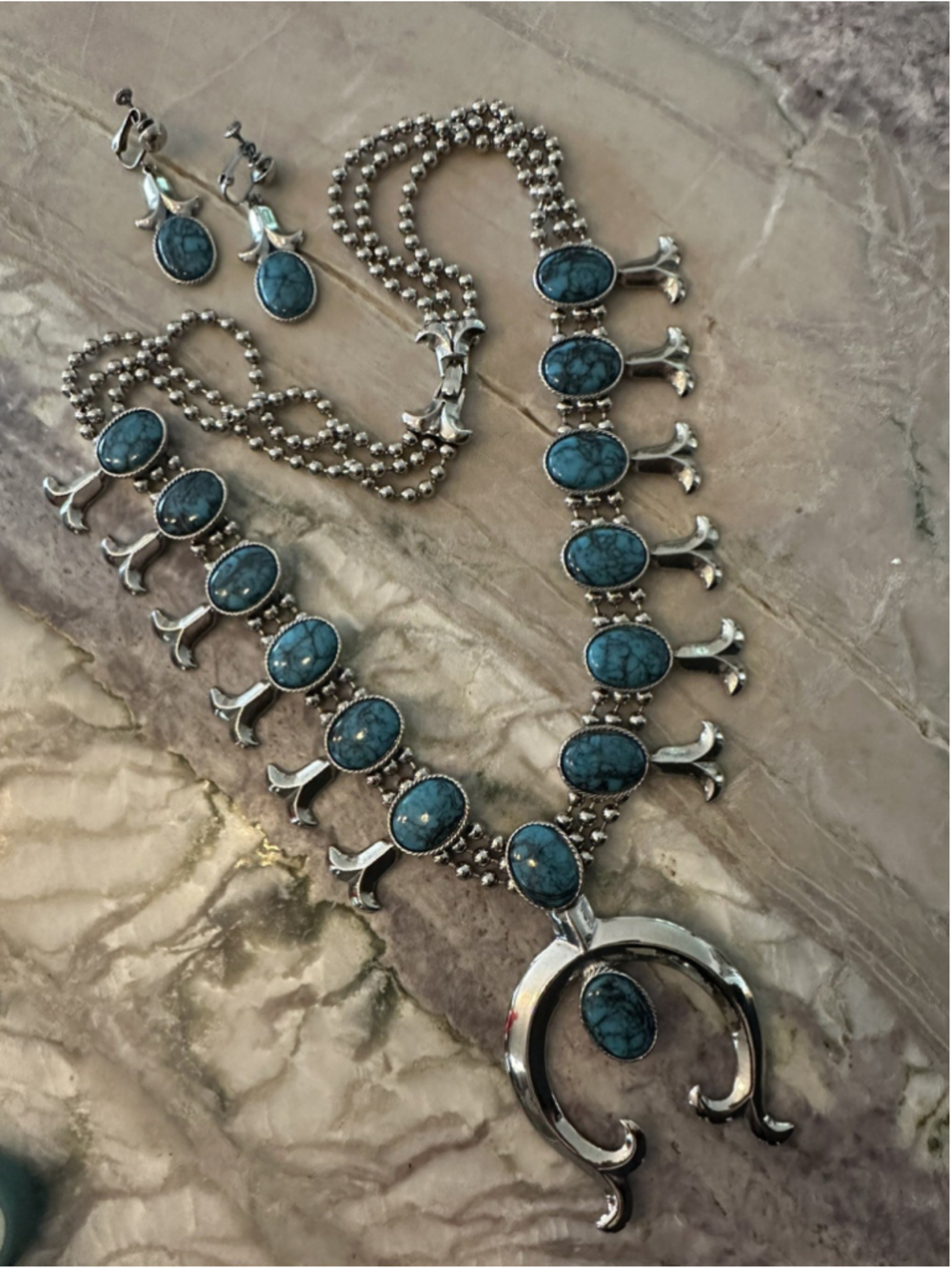 Vtg Goldette Signed Squash Blossom Necklace& Earring Set Turquoise blue silver - Picture 8 of 8